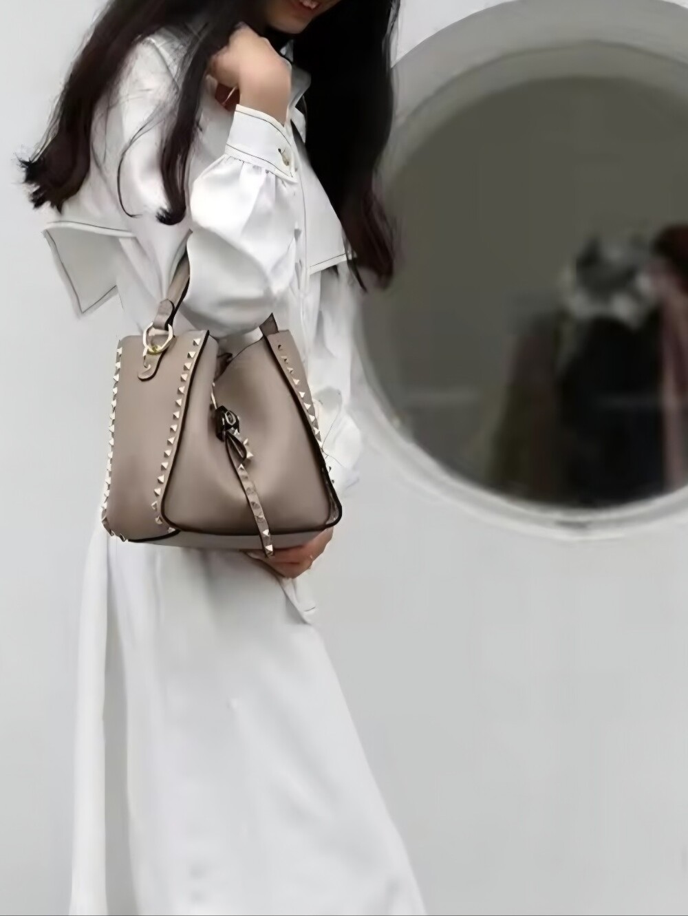 Genuine Cowhide Leather Studded Bucket Bag with Top Handle - Picture 5 of 16